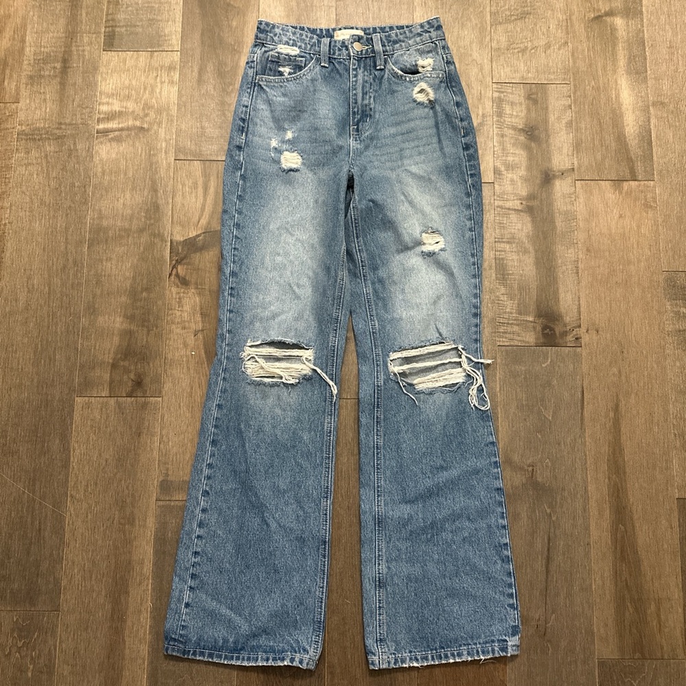 Altar'd State Distressed Flare Jeans in Light Blue